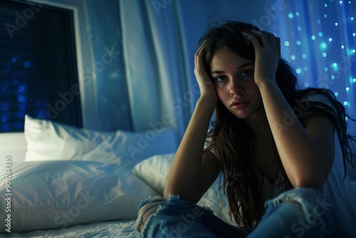 A young woman sits alone on a bed in a darkened bedroom. She appears to be feeling sad, with her hands on her head and a thoughtful expression on her face.