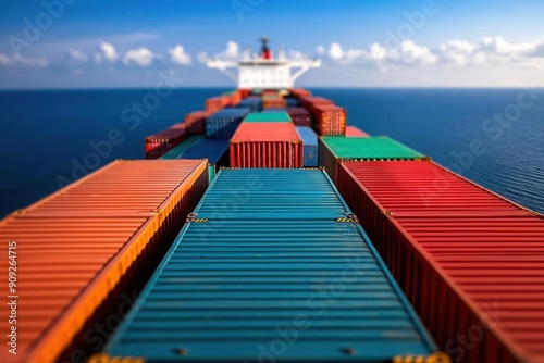 Colorful shipping containers stacked on a cargo ship navigating through calm ocean waters under a clear blue sky.
