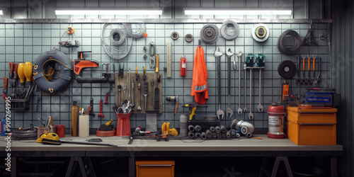 A clean and organized workspace of a plumber, featuring a workbench with neatly arranged tools, and various pipe fittings hanging on the wall.