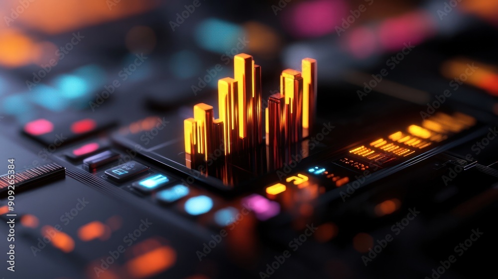 Vibrant digital waveform visualization with glowing elements on a dark interface, perfect for technology and music concepts. Vibrant digital waveform visualization with glowing elements on a dark interface, perfect for technology and music concepts.