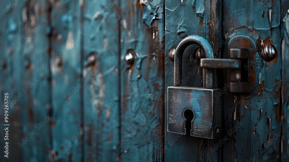 Weathered Wooden Door with Rusty Lock Symbol of Secure Barrier and Restricted Access Weathered Wooden Door with Rusty Lock Symbol of Secure Barrier and Restricted Access