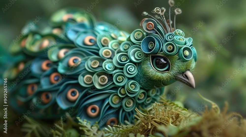 Obraz premium Close-up photo of a peacock with iridescent feathers covering its head and a green body adorned with orange, orange, and blue circles on its