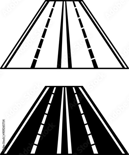 Road Icons. Black and White Vector Highway Icons. Asphalt Road for Cars