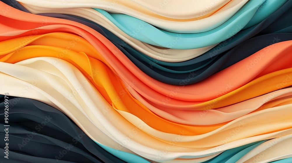 A vivid close-up of a diverse wave of fabric in shades of black, white, orange, yellow, and blue A vivid close-up of a diverse wave of fabric in shades of black, white, orange, yellow, and blue