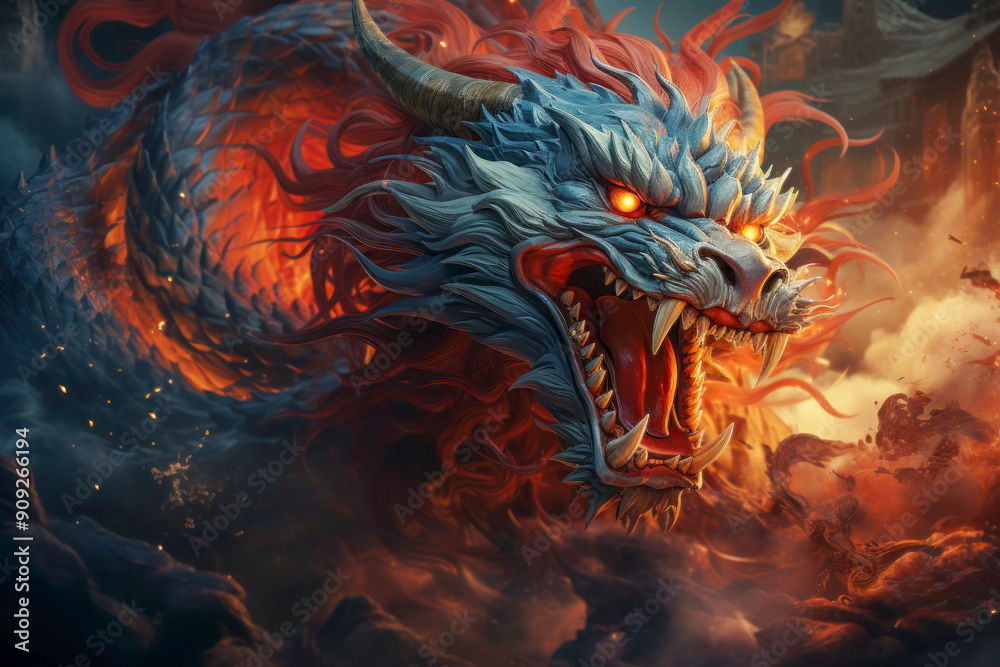 Majestic Blue and Red Dragon Amidst Fiery Clouds Majestic Blue and Red Dragon Amidst Fiery Clouds