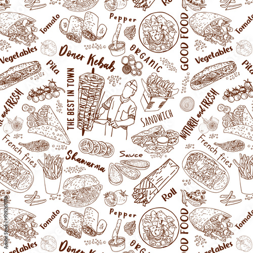 Shawarma Kebab pattern fast food. Concept of doner kebab, street food, barbecue, cuisine. Vintage design template, banner. Fresh vegetables. Vector hand drawn sketch illustration.