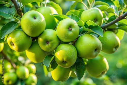 A cluster of vibrant green apples dangles from tree branches in a flourishing orchard. The scenery showcases rich foliage, bright sunlight filtering through the leaves, and the promise of harvest. AI