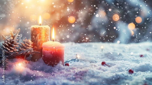 Advent Candle With Fir Branches Burning In Snowy Scene