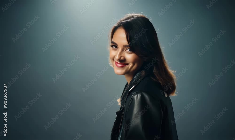 Portrait of a beautiful young woman in a black jacket on a dark background Portrait of a beautiful young woman in a black jacket on a dark background