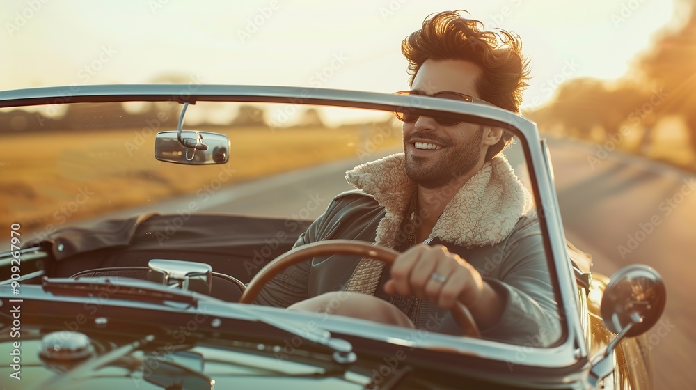 Naklejka premium Young man driving in a convertible sports car photo from behind with copy space Pro Photo
