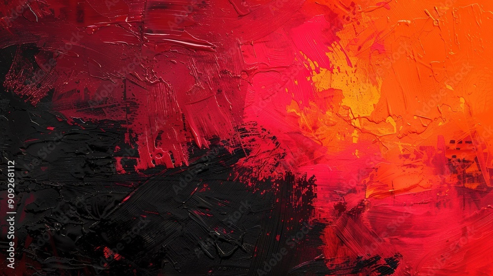 Abstract painting in red, orange, black shades with painted streaks at the base Abstract painting in red, orange, black shades with painted streaks at the base