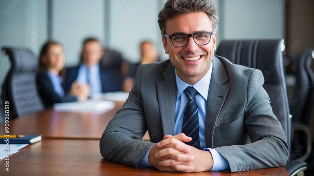 A cheerful business manager sitting at a conference table A cheerful business manager sitting at a conference table