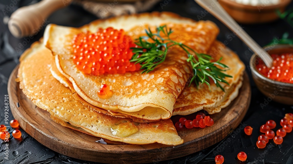 A stack of pancakes topped with red caviar and a bowl of red caviar beside it A stack of pancakes topped with red caviar and a bowl of red caviar beside it