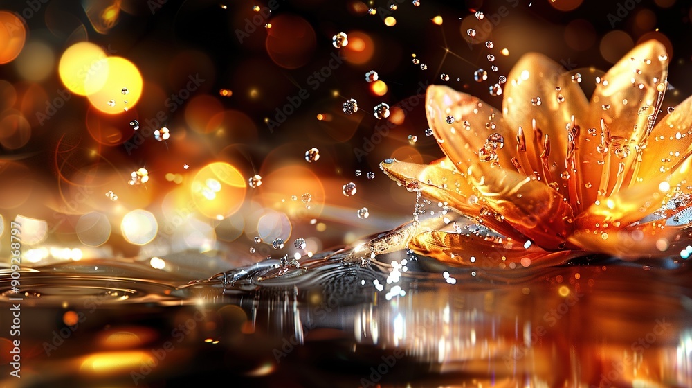 A magnified view of a water droplet containing a flower, surrounded by a hazy surroundings A magnified view of a water droplet containing a flower, surrounded by a hazy surroundings