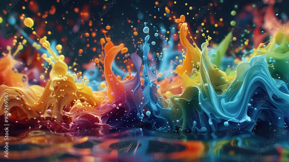 A multicolored liquid splashes on a dark background, showcasing shades of blue, green, yellow, red, orange, and black A multicolored liquid splashes on a dark background, showcasing shades of blue, green, yellow, red, orange, and black