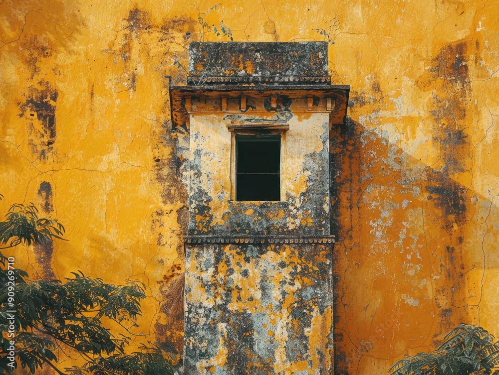 A Weathered Tower Against a Vibrant Yellow Wall in Historic Neighborhood A Weathered Tower Against a Vibrant Yellow Wall in Historic Neighborhood