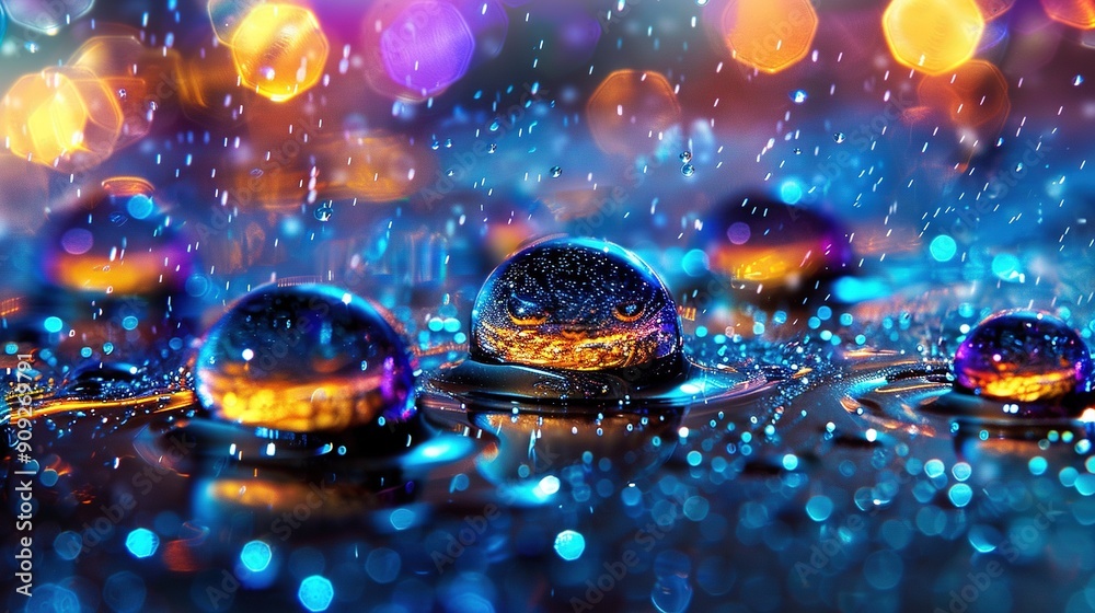 A cluster of water droplets resting atop a puddle of water adjacent to a vibrant bouquet of lights A cluster of water droplets resting atop a puddle of water adjacent to a vibrant bouquet of lights