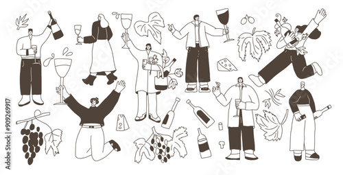 Set of wine lovers. People in wine festival kit. Cute characters with wineglass. Vector hand drawn doodle collection illustration isolated on white background.