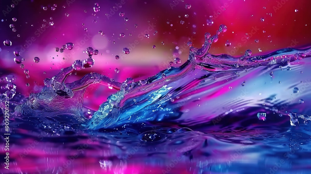 A close-up of water splashing on the surface of a body of water with vibrant pink and blue hues in the background A close-up of water splashing on the surface of a body of water with vibrant pink and blue hues in the background
