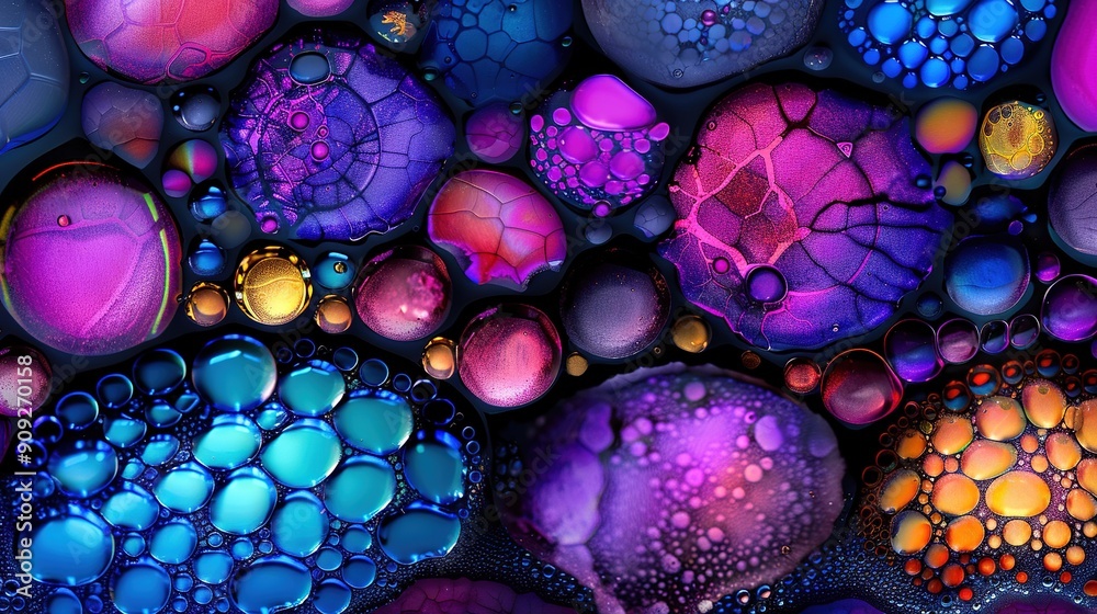 A close-up of numerous bubbles on a water surface, with droplets at the base of the bubbles and also at the bottom of those bubbles A close-up of numerous bubbles on a water surface, with droplets at the base of the bubbles and also at the bottom of those bubbles