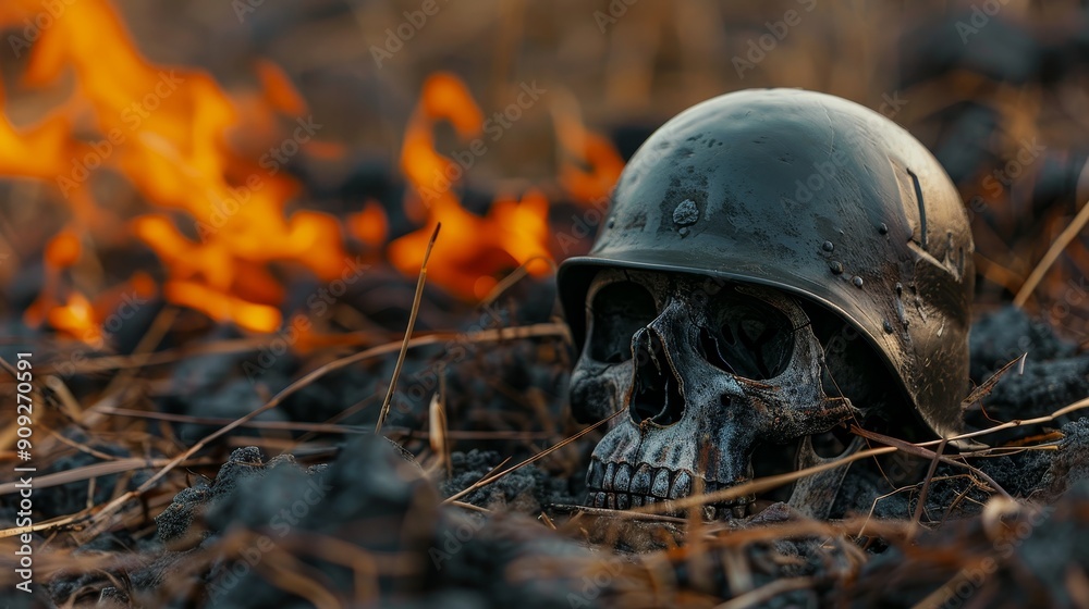 Human skull in military helmet laying on battle field wallpaper background Human skull in military helmet laying on battle field wallpaper background