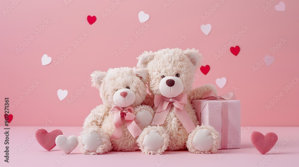 Teddy bear couple with gifts and hearts on pink background Teddy bear couple with gifts and hearts on pink background