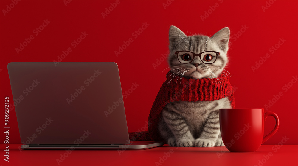 Cute cat or Kitten Wearing Glasses Using Laptop with Red Background for Technology and Pet-Themed Advertising or Education Concepts Cute cat or Kitten Wearing Glasses Using Laptop with Red Background for Technology and Pet-Themed Advertising or Education Concepts