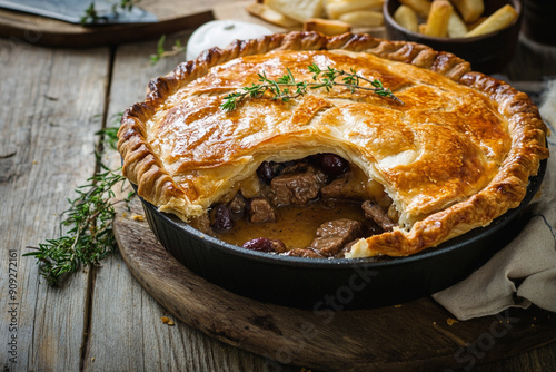 Traditional English steak and kidney pie on rustic table