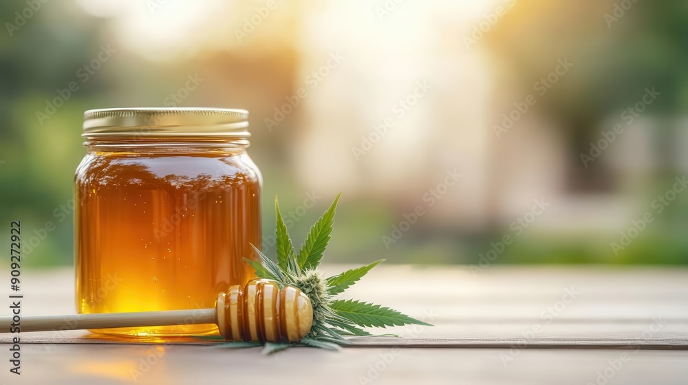Cannabis infused honey, jar and dipper, natural setting Cannabis infused honey, jar and dipper, natural setting