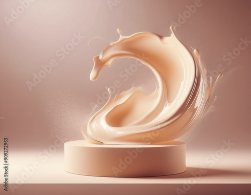 D Beige Pedestal Podium with Liquid Foundation Splash Swirl on Studio Background Cream Flu