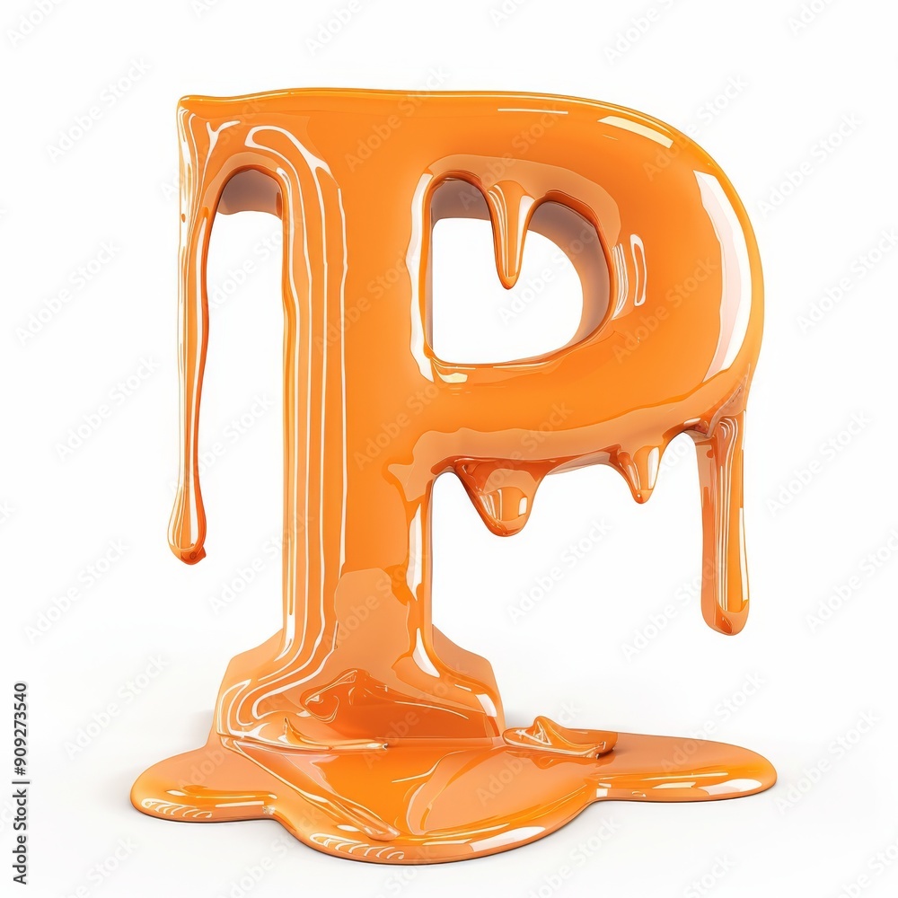 A letter P made of melted orange paint, in 3D style, standing out with a fluid and shiny effect on a white background A letter P made of melted orange paint, in 3D style, standing out with a fluid and shiny effect on a white background