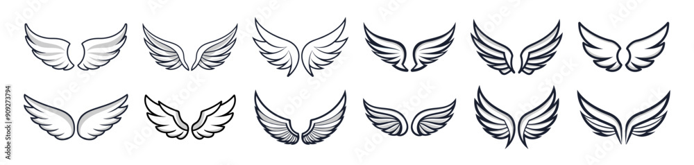 Wings icons set on transparent background. Line style. Angel wings icon vector set. Eagle, bird, heraldic, flying, falcon, phoenix, hawk logo Wings icons set on transparent background. Line style. Angel wings icon vector set. Eagle, bird, heraldic, flying, falcon, phoenix, hawk logo