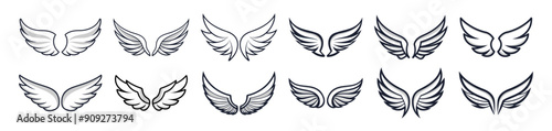 Wings icons set on transparent background. Line style. Angel wings icon vector set. Eagle, bird, heraldic, flying, falcon, phoenix, hawk logo