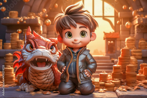 Cheerful Boy with Cartoon Dragon in a Treasure-Filled Room photo