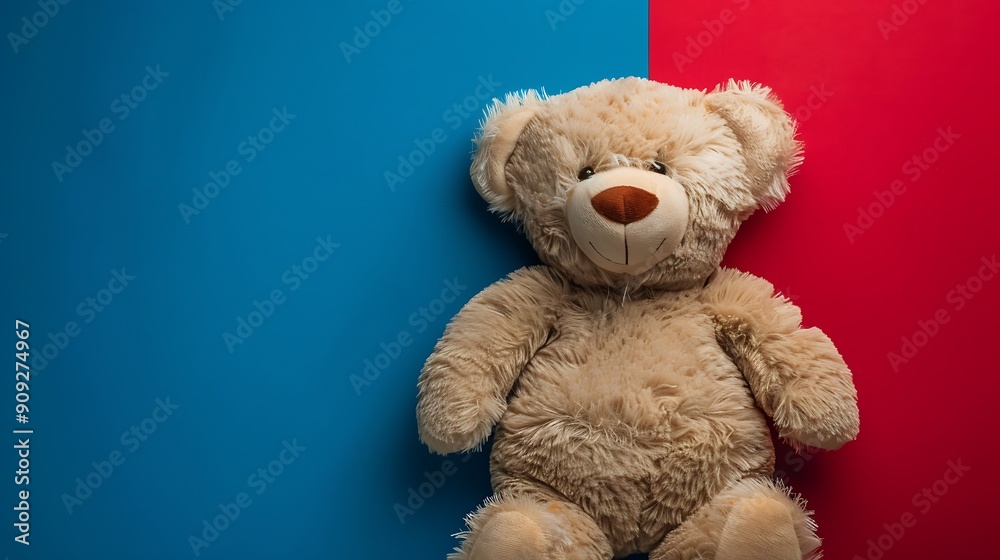Teddy bear on the blue and red background Teddy bear on the blue and red background