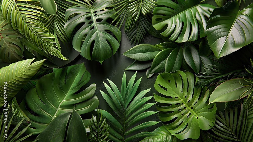 A close-up of a cluster of green leaves against a dark background, with a central white mark A close-up of a cluster of green leaves against a dark background, with a central white mark
