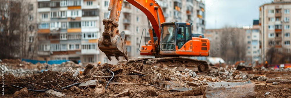 Fototapeta premium Urban Transformation: Excavator Demolishes City Debris - An orange excavator clears rubble and debris in a city demolition site, signifying urban renewal and redevelopment.