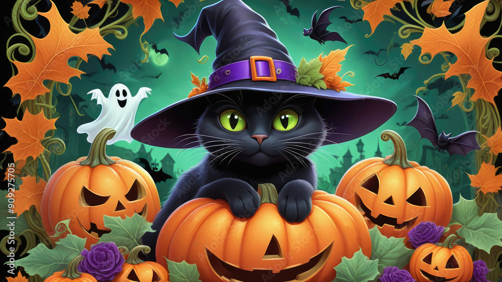 Adorable black cat wearing an witch hat, pumpkins, white ghosts and bats. Adorable black cat wearing an witch hat, pumpkins, white ghosts and bats.