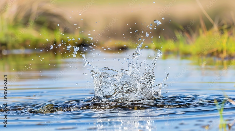 Obraz premium A splash of water on a grassy body of water with foreground grass