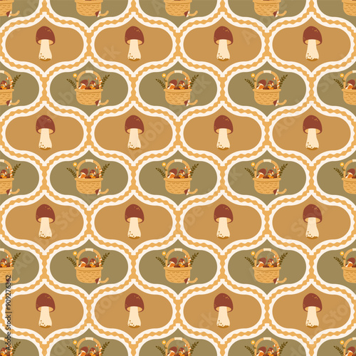 Basket with mushrooms seamless pattern. Damask cep endless background. Forest mushroom piking retro repeat cover. Edible fungus loop ornament tile. Vector hand drawn illustration.