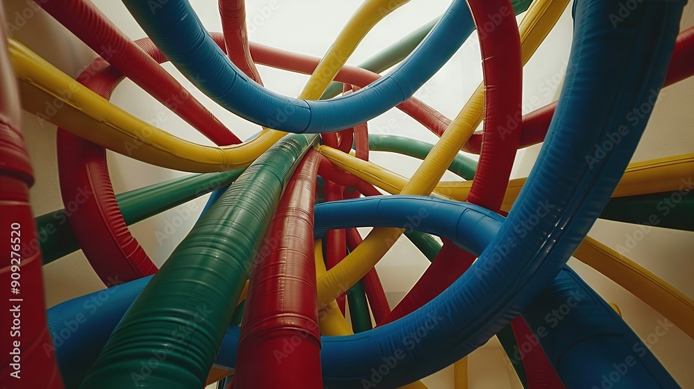 A detailed image of several colorful hoses in a white-walled room A detailed image of several colorful hoses in a white-walled room