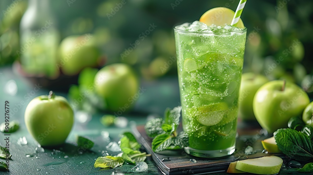 A drink with a straw in a glass sits on a table surrounded by green leaves and apples A drink with a straw in a glass sits on a table surrounded by green leaves and apples