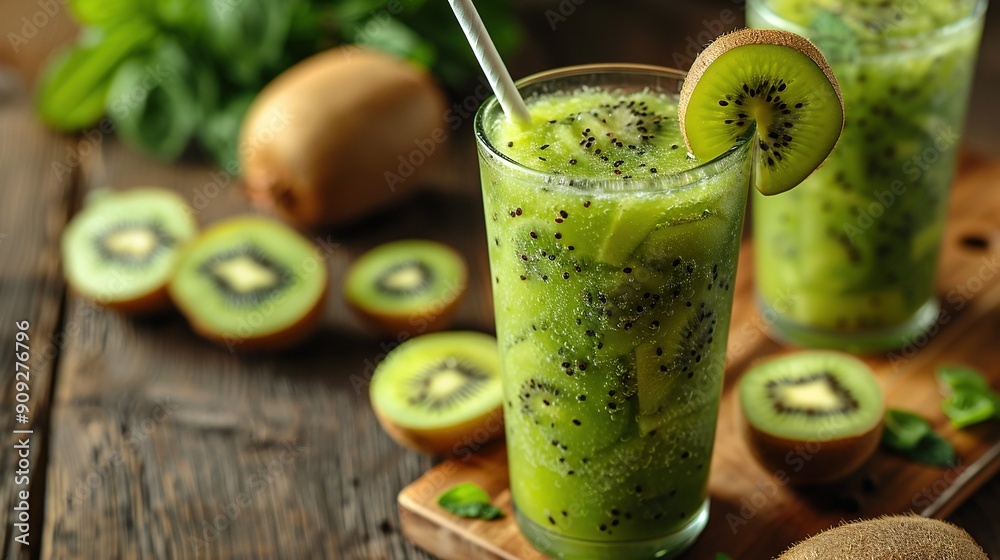Green smoothie in glass with kiwi slices Green smoothie in glass with kiwi slices