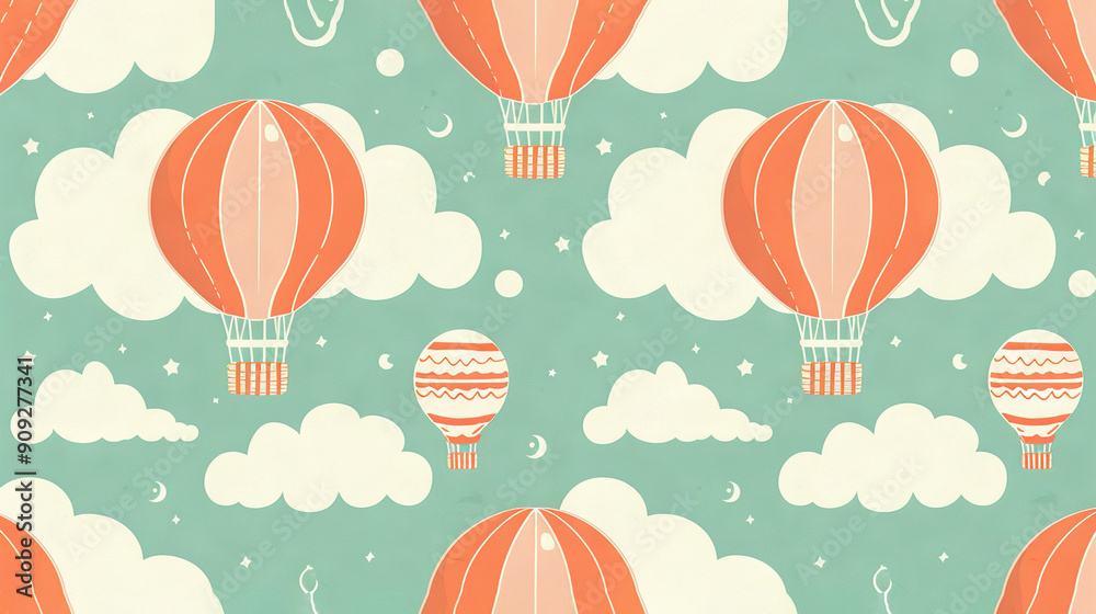 A series of colorful hot air balloons floating amidst blue stars and ...