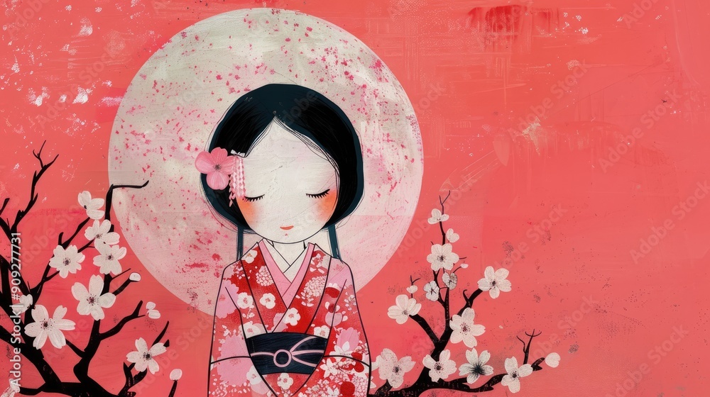 Fototapeta premium Cute Japanese girl in floral kimono sitting next to cherry blossoms with a full moon behind on a vibrant pink background. Japanese illustration in woodcut ukiyo-e aesthetic. Cute and whimsical.