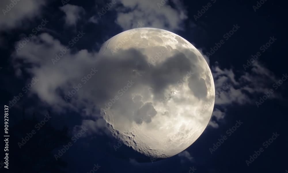 Phases of the moon, full moon. Illuminated, glowing echo against the background of space and stars, which is visible behind flying clouds. Phases of the moon, full moon. Illuminated, glowing echo against the background of space and stars, which is visible behind flying clouds.