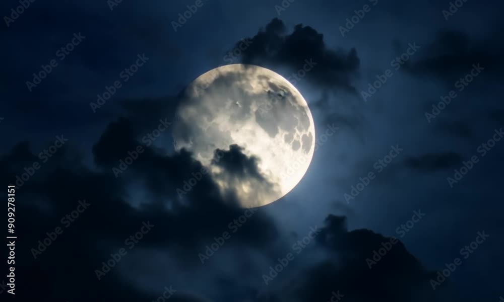 Phases of the moon, full moon. Illuminated, glowing echo against the background of space and stars, which is visible behind flying clouds. Phases of the moon, full moon. Illuminated, glowing echo against the background of space and stars, which is visible behind flying clouds.