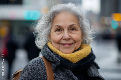 A senior woman with gray hair smiles warmly as she walks through the city.