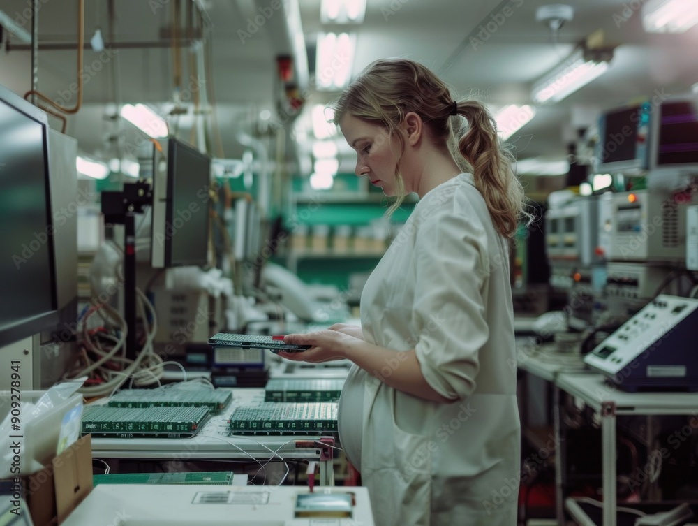 Pregnant Woman in Laboratory Coat Analyzing Circuit Boards in a High-Tech Electronics Laboratory Pregnant Woman in Laboratory Coat Analyzing Circuit Boards in a High-Tech Electronics Laboratory