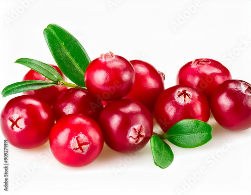 Vibrant Cranberry with Green Leaves on White Background Enhanced Image